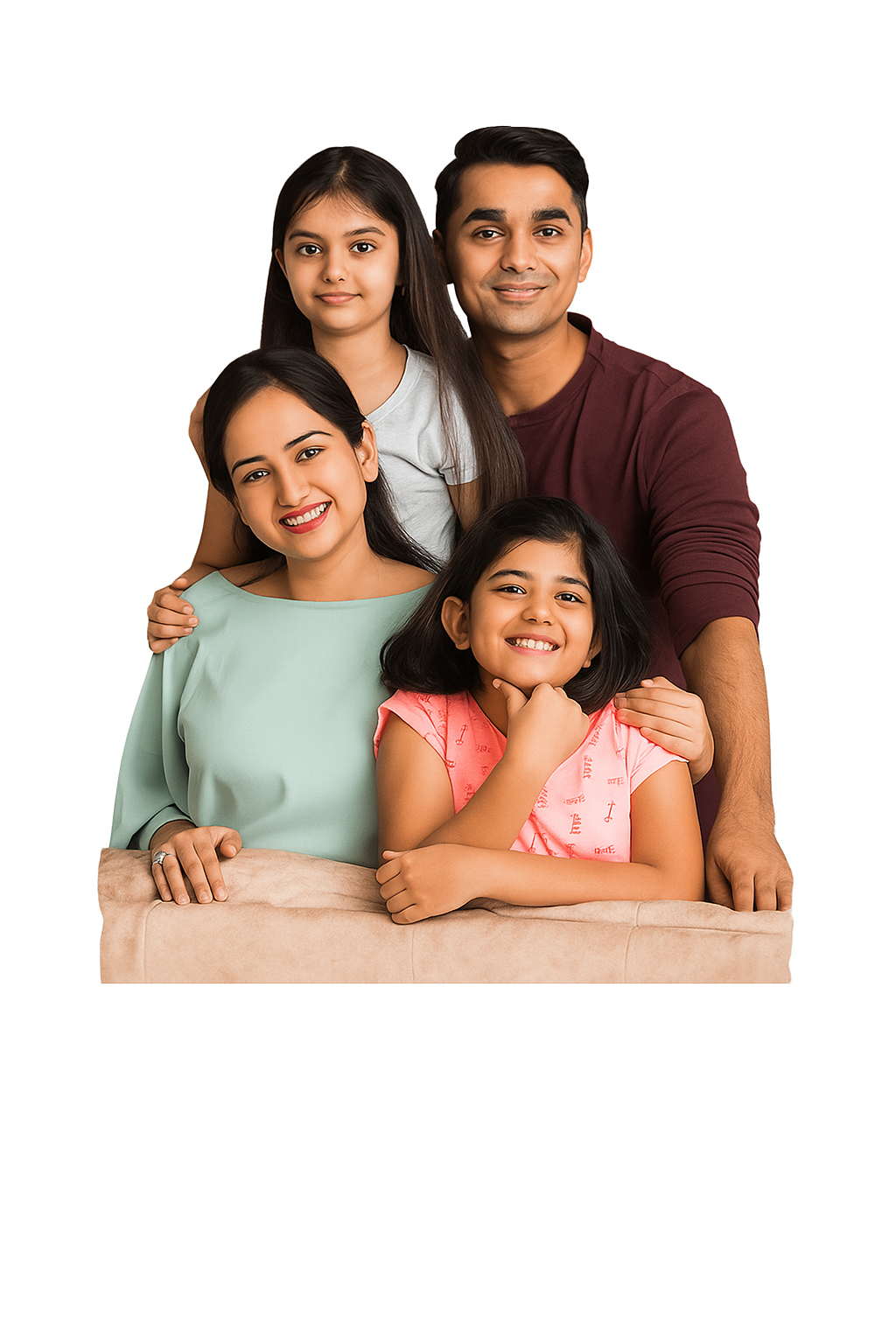 Happy Indian family - parents with two daughters, representing families protected by thodu insurance